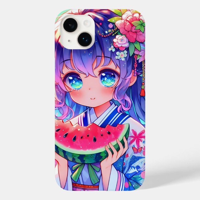 Cute Anime Girl Eating Watermelon on a Summer Day Case-Mate iPhone Case (Back)