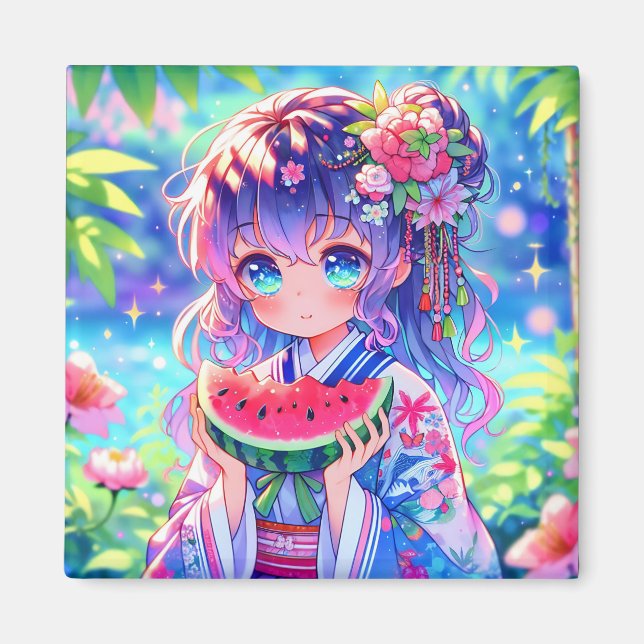 Cute Anime Girl Eating Watermelon on a Summer Day Magnet (Front)