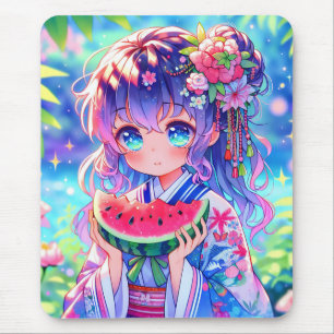 Cute Anime Girl Eating Watermelon on a Summer Day Mouse Mat