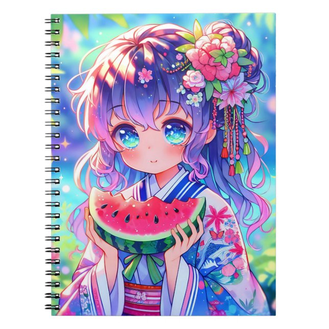 Cute Anime Girl Eating Watermelon on a Summer Day Notebook (Front)