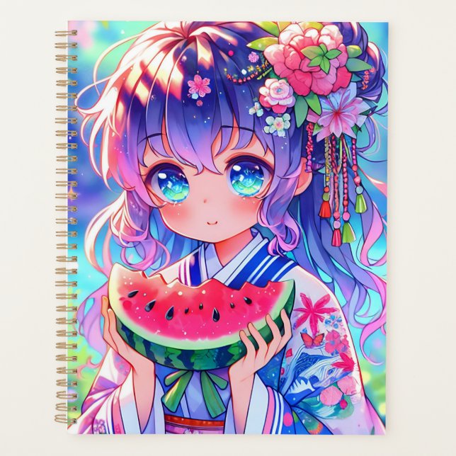 Cute Anime Girl Eating Watermelon on a Summer Day Planner (Front)