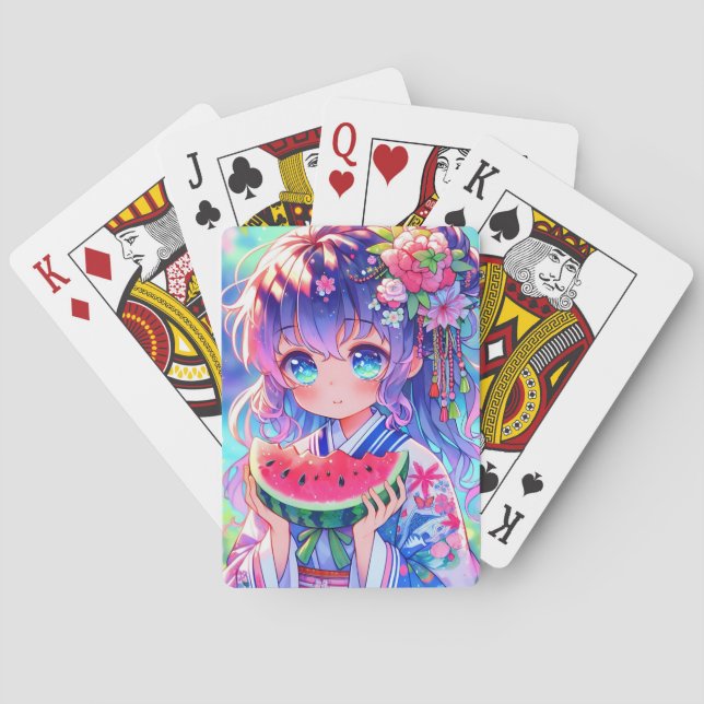 Cute Anime Girl Eating Watermelon on a Summer Day Playing Cards (Back)