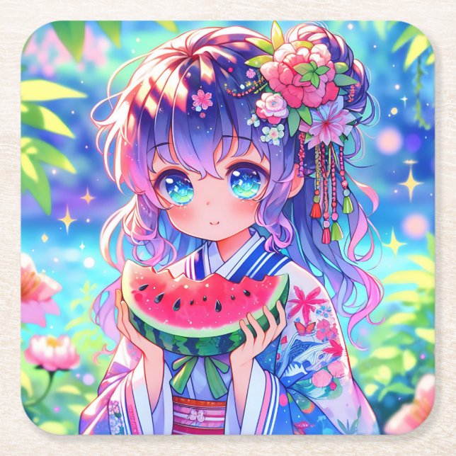 Cute Anime Girl Eating Watermelon on a Summer Day Square Paper Coaster (Front)