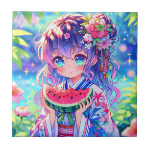 Cute Anime Girl Eating Watermelon on a Summer Day Tile