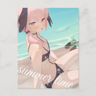 Cute anime girl enjoying summer time on the beach  postcard