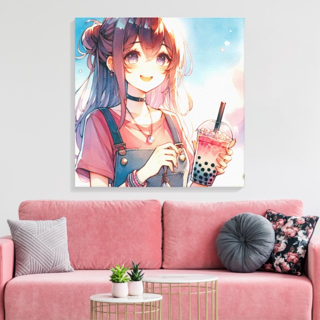 Cute Anime Girl Holding a Boba Tea Canvas Print (Insitu(LivingRoom))