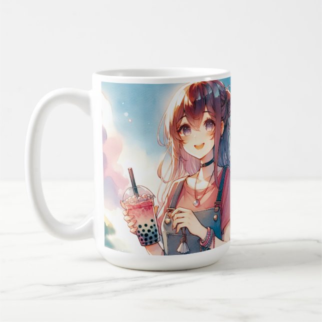 Cute Anime Girl Holding a Boba Tea Coffee Mug (Left)