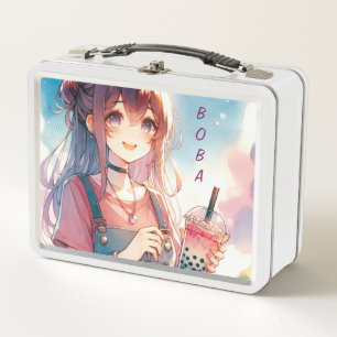 Cute Anime Girl Holding a Boba Tea Metal Lunch Box
