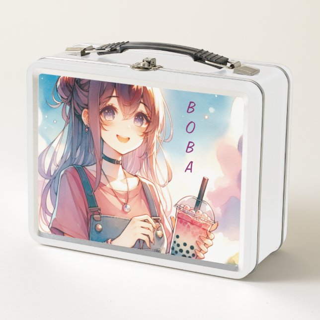 Cute Anime Girl Holding a Boba Tea Metal Lunch Box (Front)