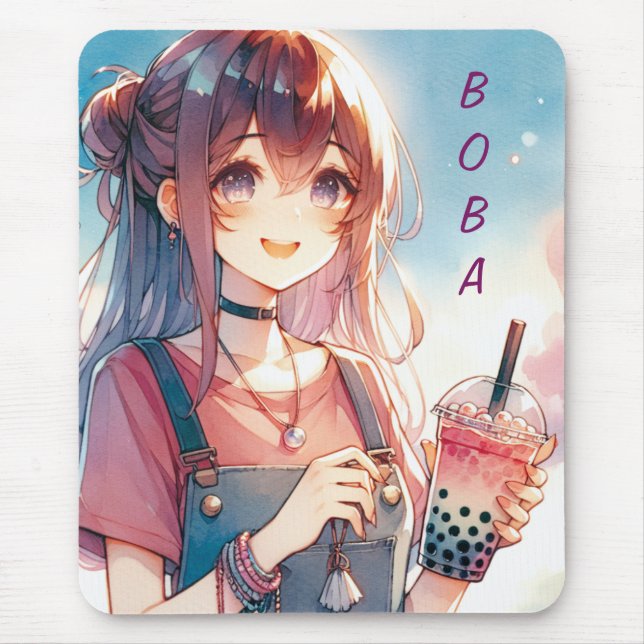 Cute Anime Girl Holding a Boba Tea Mouse Mat (Front)