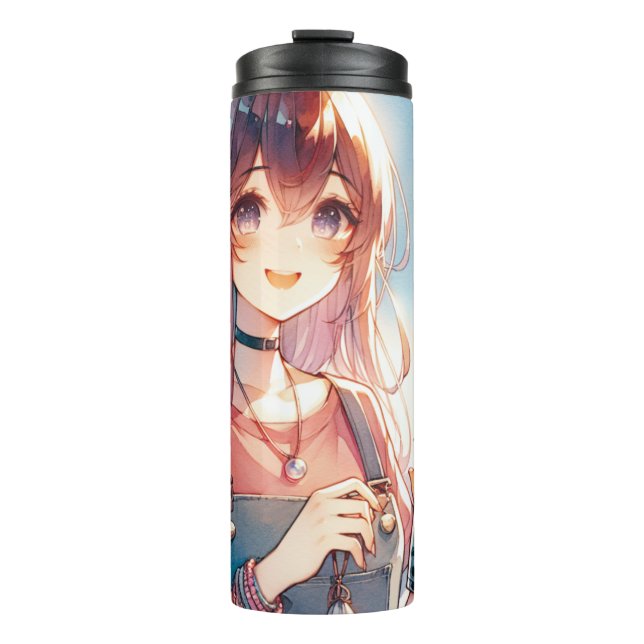 Cute Anime Girl Holding a Boba Tea Thermal Tumbler (Front)