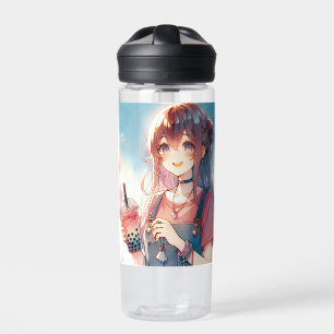 Cute Anime Girl Holding a Boba Tea Water Bottle