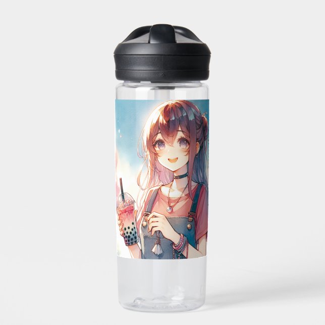 Cute Anime Girl Holding a Boba Tea Water Bottle (Front)