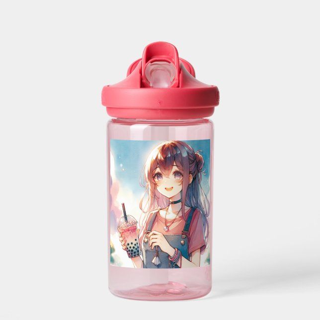 Cute Anime Girl Holding a Boba Tea Water Bottle (Front)
