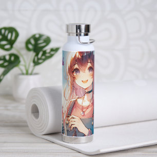 Cute Anime Girl Holding a Boba Tea Water Bottle