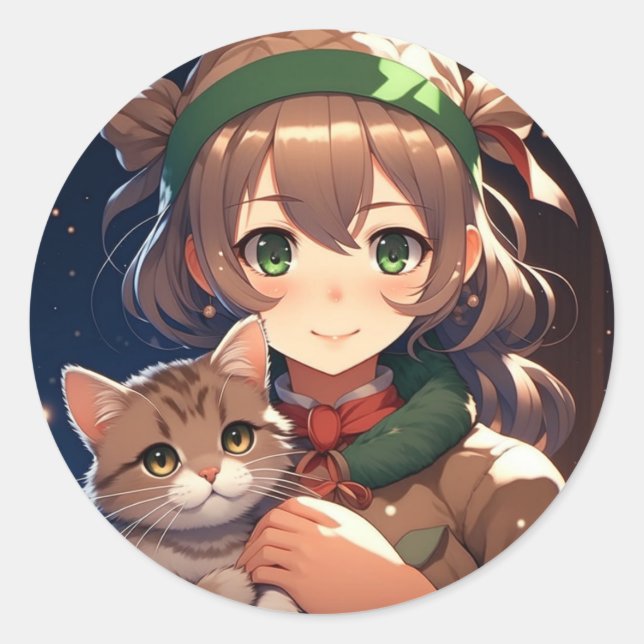 Cute Anime Girl Holding a Kitten Christmas Classic Round Sticker (Front)
