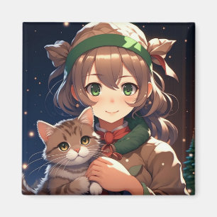 Cute Anime Girl Holding a Kitten Christmas Magnet