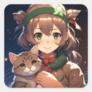 Cute Anime Girl Holding a Kitten Christmas Square Sticker