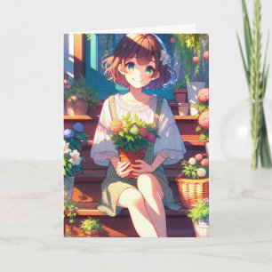 Cute Anime Girl holding a Plant Birthday Card