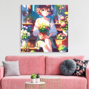 Cute Anime Girl holding a Plant Canvas Print