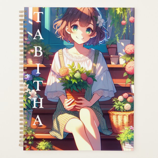 Cute Anime Girl holding a Plant Personalised Planner (Front)