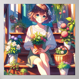 Cute Anime Girl holding a Plant Poster