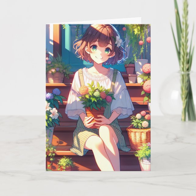 Cute Anime Girl holding a Plant Thinking About You Card (Front)