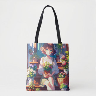 Cute Anime Girl holding a Plant Tote Bag