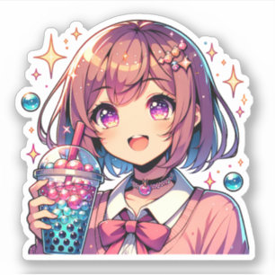 Cute Anime Girl Holding Bubble Tea