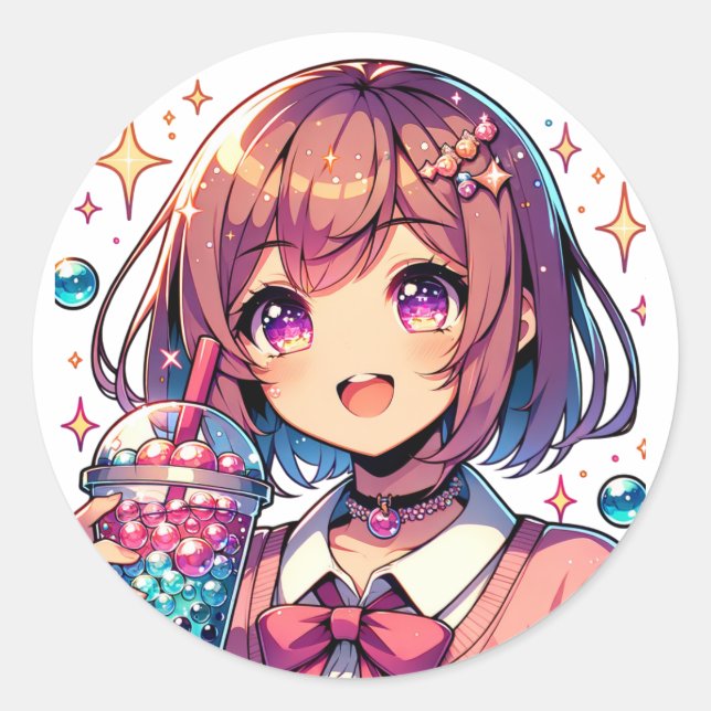 Cute Anime Girl Holding Bubble Tea Classic Round Sticker (Front)