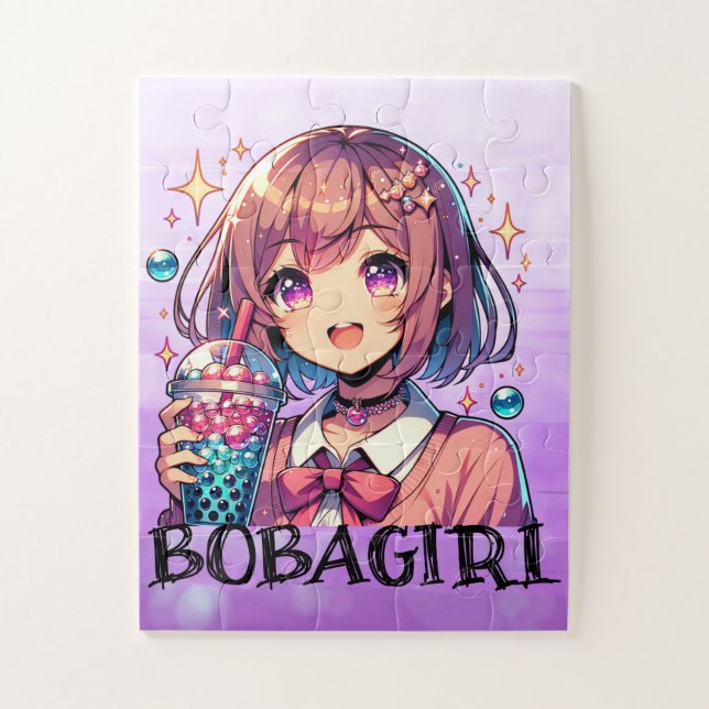 Cute Anime Girl Holding Bubble Tea Personalised Jigsaw Puzzle (Vertical)