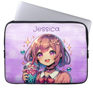 Cute Anime Girl Holding Bubble Tea Personalised Laptop Sleeve