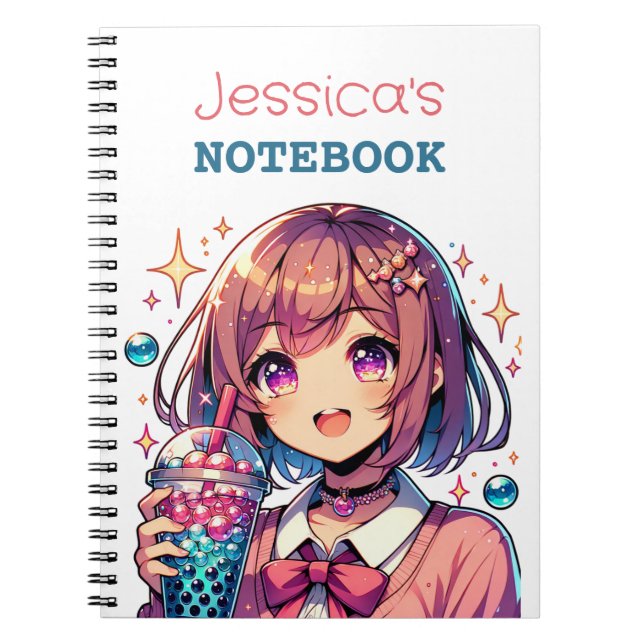 Cute Anime Girl Holding Bubble Tea Personalised Notebook (Front)