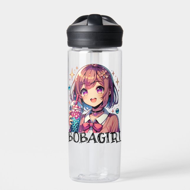 Cute Anime Girl Holding Bubble Tea Water Bottle (Front)