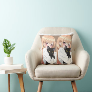 Cute Anime Girl Hugging Black Cat Wrapping Paper  Cushion