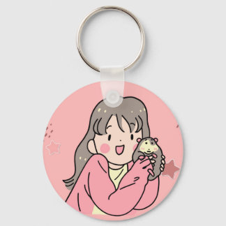 Cute Anime Girl Hugging Opossum Keychain - Kawaii 