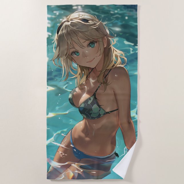 Cute anime girl in a pool beach towel (Front)