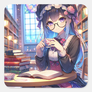 Cute Anime Girl in Glasses Reading Square Sticker