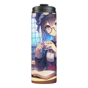 Cute Anime Girl in Glasses Reading Thermal Tumbler