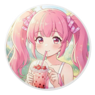 Cute Anime Girl in Pink Drinking Bubble Tea Ceramic Knob