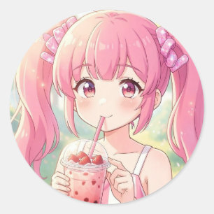 Cute Anime Girl in Pink Drinking Bubble Tea Classic Round Sticker