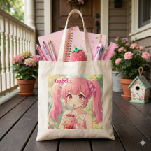 Cute Anime Girl in Pink Drinking Bubble Tea