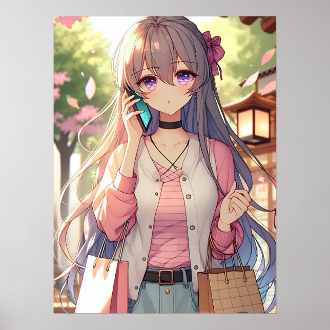 Cute Anime Girl in Shopping Bliss Poster (Front)