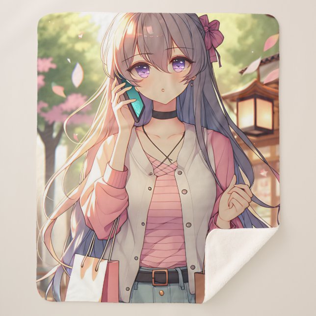 Cute Anime Girl in Shopping Bliss Sherpa Blanket (Front)