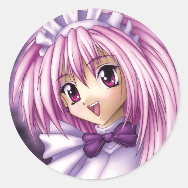 Cute Anime Girl Maid Classic Round Sticker (Front)
