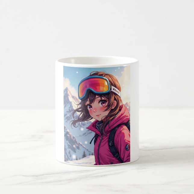 Cute Anime Girl on Snowy Mountain | Cozy Winter Coffee Mug (Center)