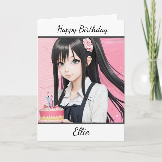 Cute Anime Girl Personalised Happy Birthday Card (Front)