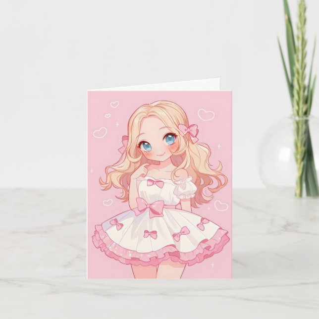 Cute Anime Girl Pink Love Holiday Card (Front)