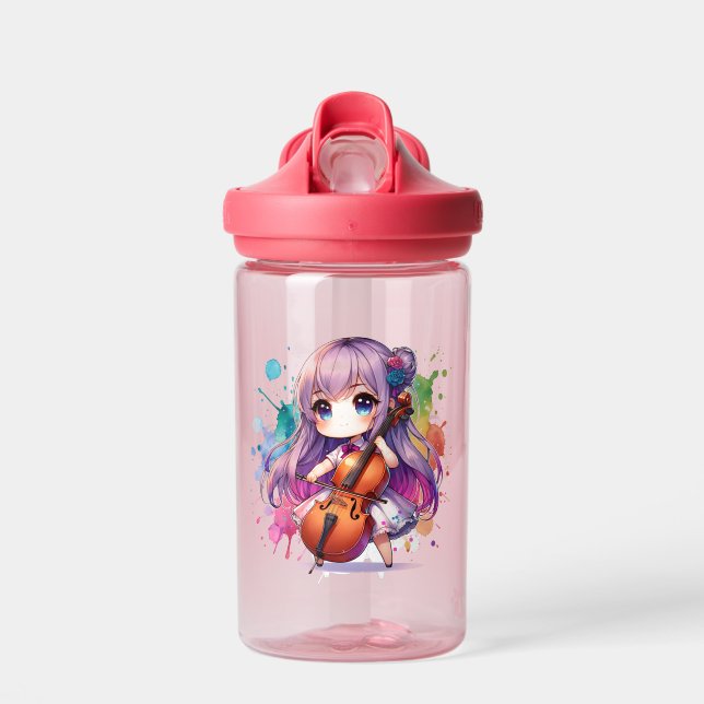 Cute Anime Girl Playing Cello Personalised Water Bottle (Front)