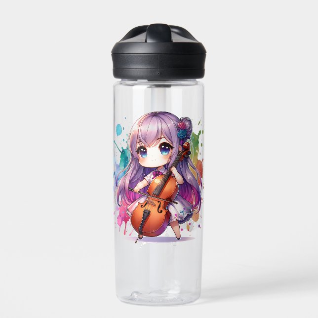 Cute Anime Girl Playing Cello Personalised Water Bottle (Front)